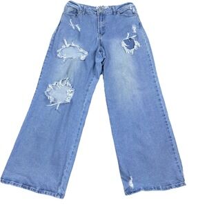 Distressed Wide Leg High Rise Jeans‎ Ripped Denim Casual Womens Size 17  W32 L32